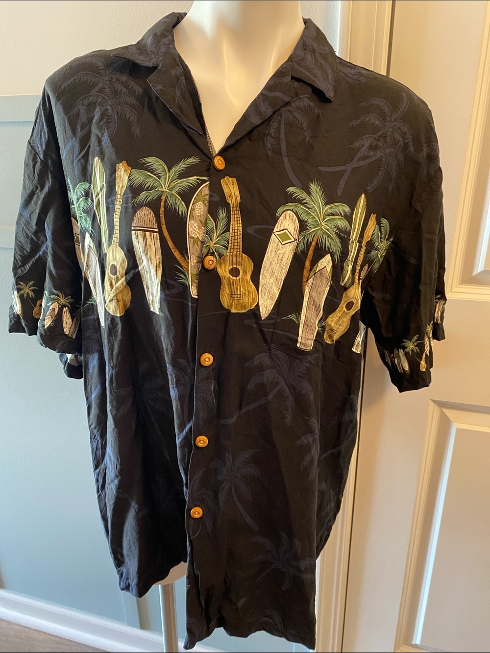 Black Hawaiian Button-Down with Surfboards & Ukuleles